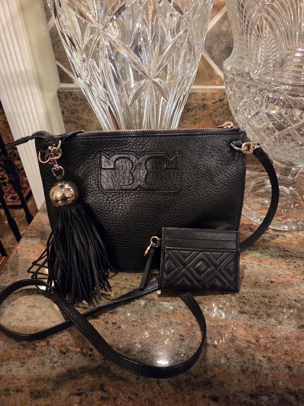 Tory Burch Black Leather Crossbody Bag with Tassel and Card Wallet